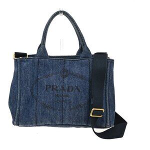 PRADA Plate Logo Canapa 2Way Shoulder Hand Bag Denim Blue